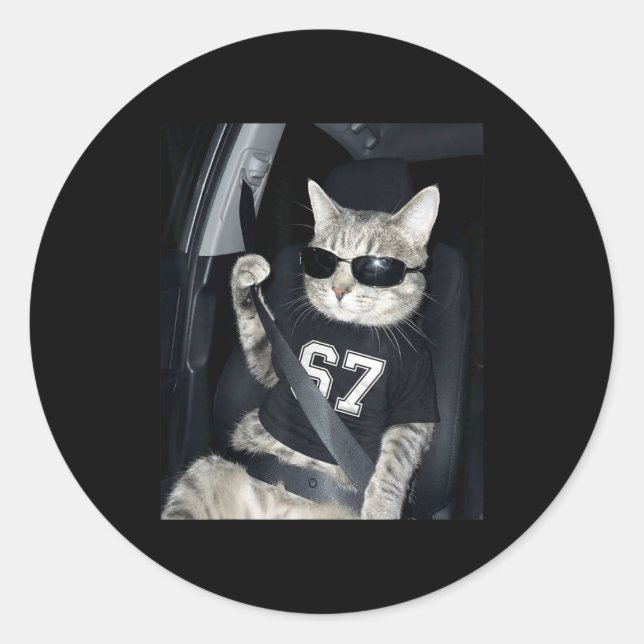 67 Cat Wearing Sungles Gen Alpha Funny Six Seven 6 Classic Round Sticker (Front)
