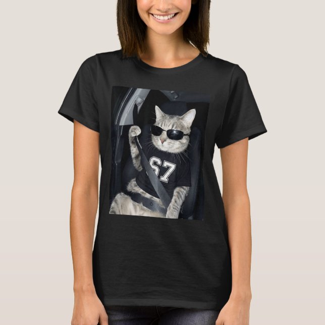 67 Cat Wearing Sungles Gen Alpha Funny Six Seven 6 T-Shirt (Front)