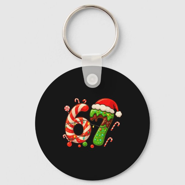 67 Christmas 6 7 Six Seven Meme 67 Candy Cane Xmas Keychain (Front)