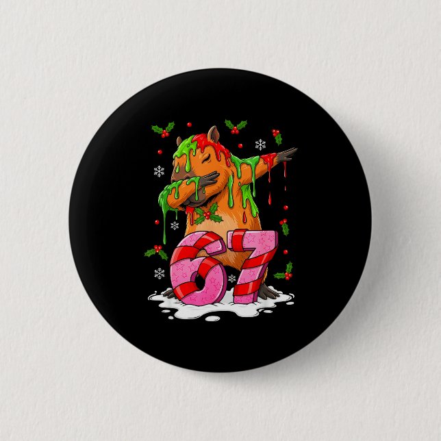 67 Christmas Funny 67 Brainrot Youth Kids Capybara Button (Front)