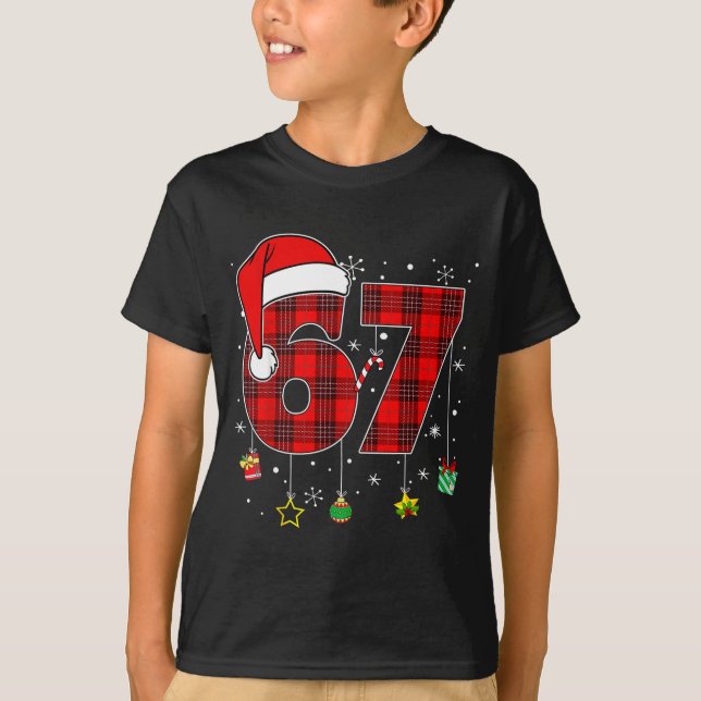 67 Christmas Plaid Santa Hat Funny Family Matching T-Shirt (Front)