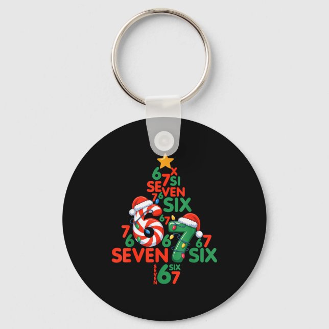 67 Christmas Tree Candy Cane Holiday Six Seven Mem Keychain (Front)