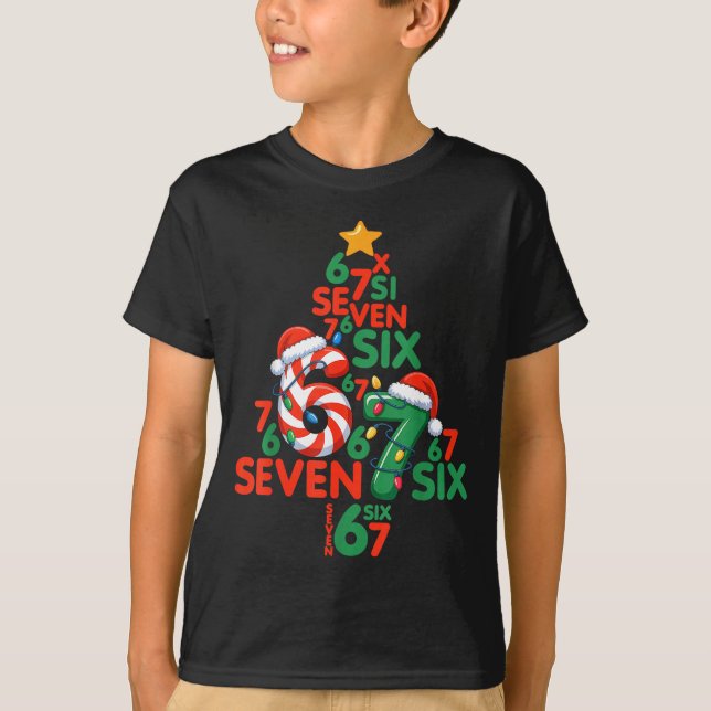 67 Christmas Tree Candy Cane Holiday Six Seven Mem T-Shirt (Front)