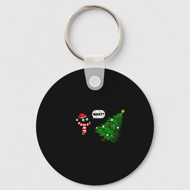 67 Funny Black Cat Pushing Christmas Tree Over Cat Keychain (Front)