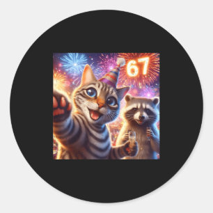 67 Meme Cat Raccoon New Year Selfie Funny Birthday Classic Round Sticker