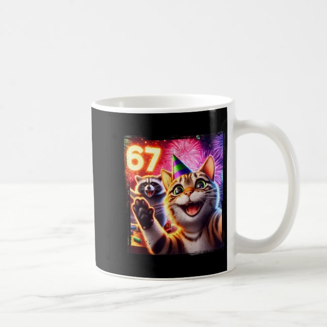 67 Meme Cat Raccoon New Year Selfie Funny Birthday Coffee Mug (Right)