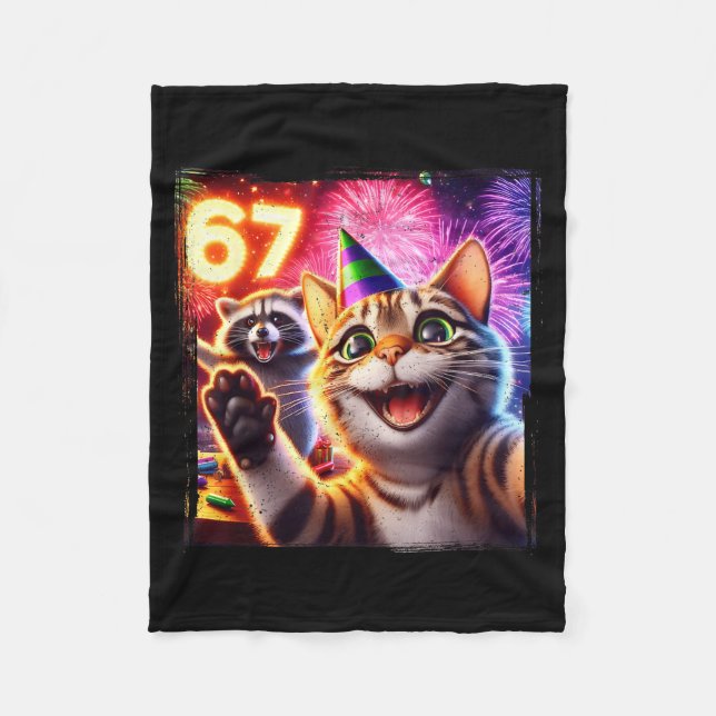 67 Meme Cat Raccoon New Year Selfie Funny Birthday Fleece Blanket (Front)