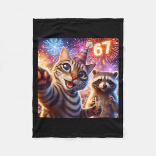 67 Meme Cat Raccoon New Year Selfie Funny Birthday Fleece Blanket