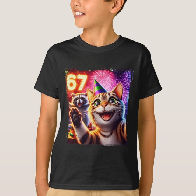 67 Meme Cat Raccoon New Year Selfie Funny Birthday T-Shirt (Front)