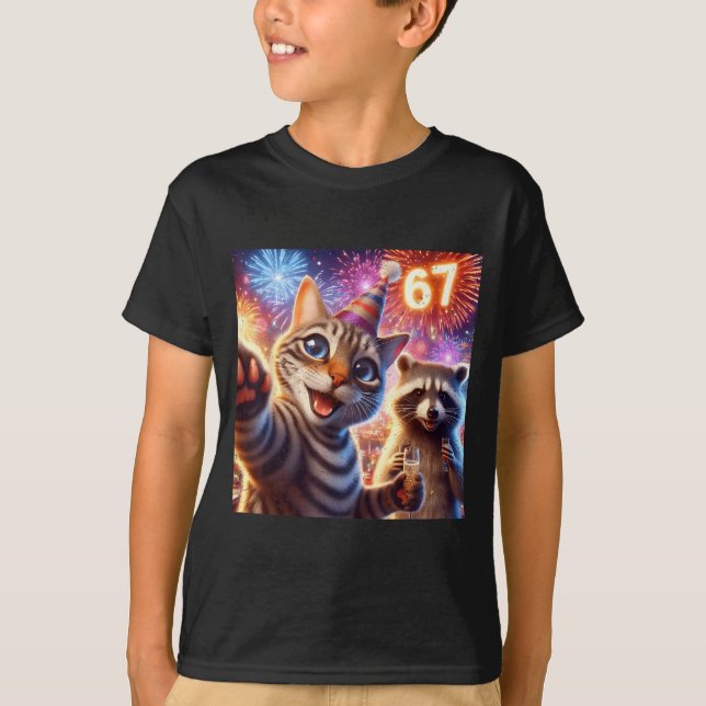 67 Meme Cat Raccoon New Year Selfie Funny Birthday T-Shirt (Front)