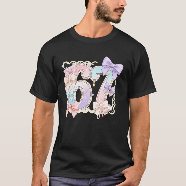 67 Meme Pastel Coquettes Bow Funny Kawaii 6 7 Numb T-Shirt (Front)