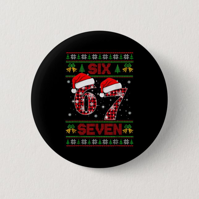 67 Meme Six Seven Christmas Ugly Sweater For Kids  Button (Front)