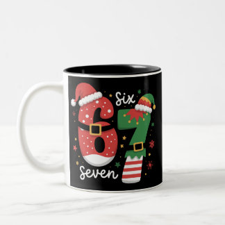 67 Meme Six Seven Elf Christmas Santa Hat Two-Tone Coffee Mug