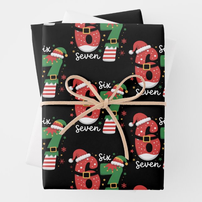 67 Meme Six Seven Elf Christmas Santa Hat Wrapping Paper Sheets (In situ)