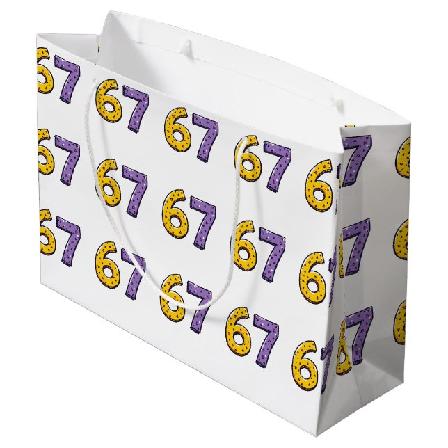 67 No Meaning Whatsoever Yellow and Purple Large Gift Bag (Back Angled)