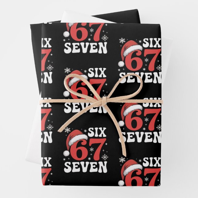 67 Santa Hat Christmas Six Seven Funny Sayings Wrapping Paper Sheets (In situ)
