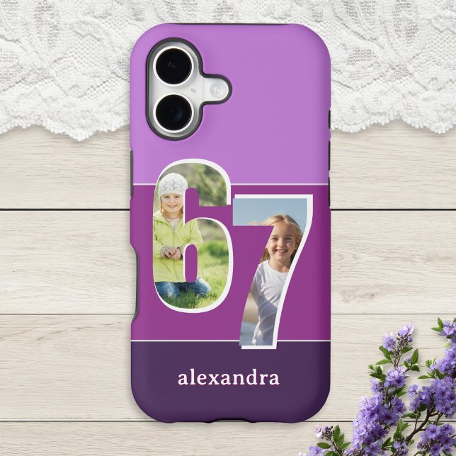 67 Six Seven Numbers Purple Custom Photos Case-Mate iPhone Case (A purple color block phone case with custom photos in the numbers 6 and 7 and personalized name)