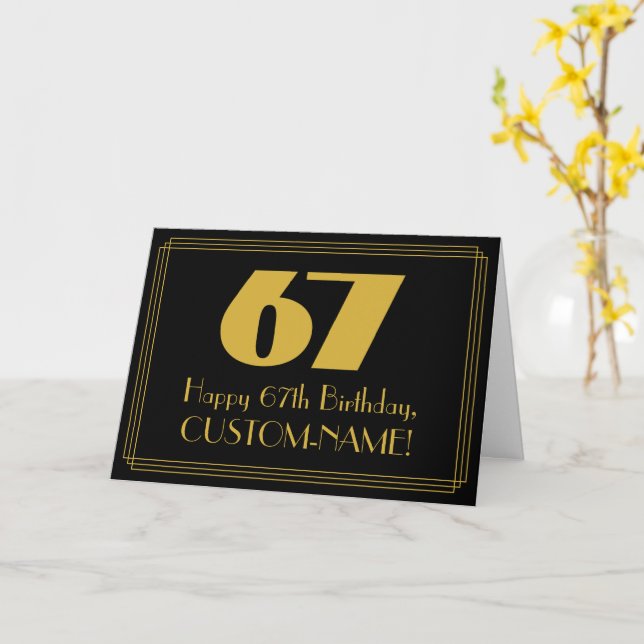 67th Birthday: Art Deco Inspired Look "67" & Name Card (Yellow Flower)