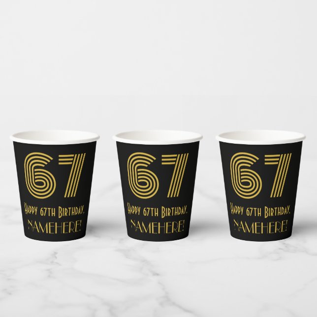 67th Birthday: Art Deco Inspired Look “67” & Name Paper Cups (Multi)