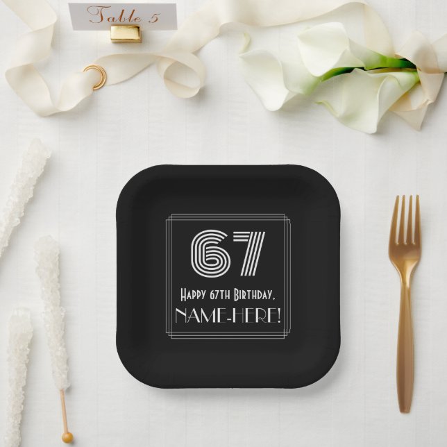 67th Birthday — Art Deco Inspired Look “67” + Name Paper Plates (Wedding)