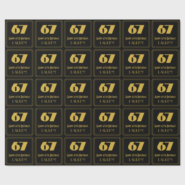 67th Birthday – Art Deco Inspired Look "67" & Name Wrapping Paper (Seam)