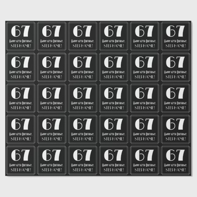 67th Birthday - Art Deco Inspired Look "67", Name Wrapping Paper (Flat)