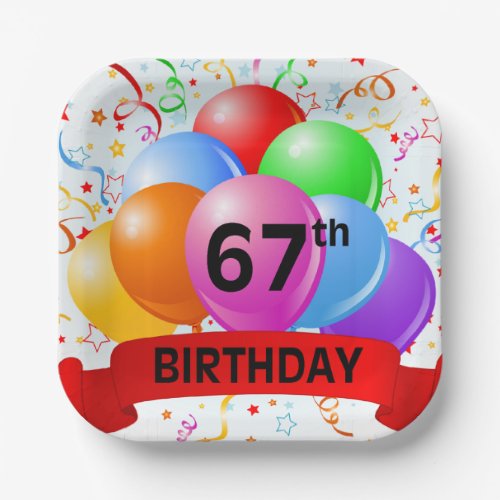 67th Birthday Balloons Banner Paper Plates
