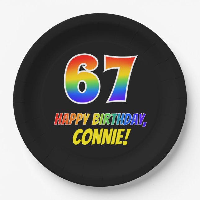 67th Birthday: Bold, Fun, Simple, Rainbow 67 Paper Plates (Front)