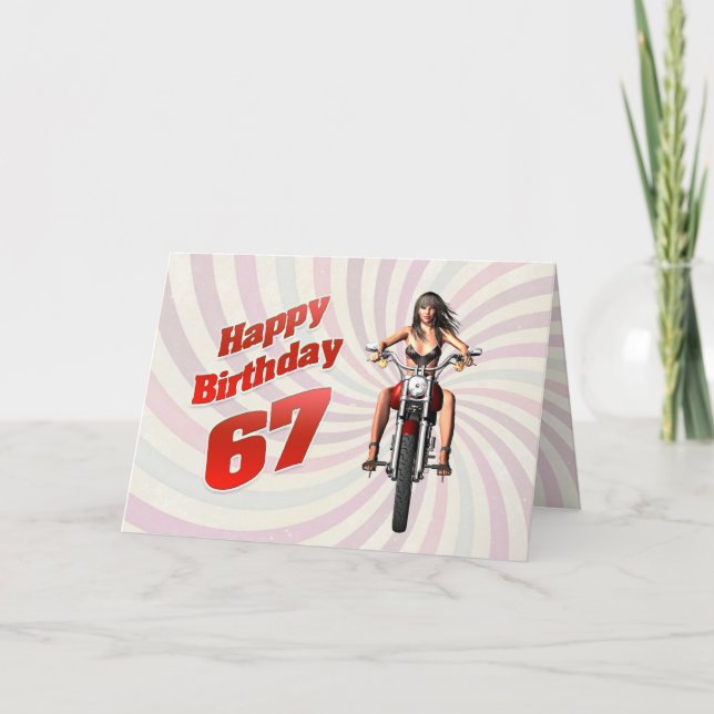 67th Birthday card with a motorbike girl (Front)