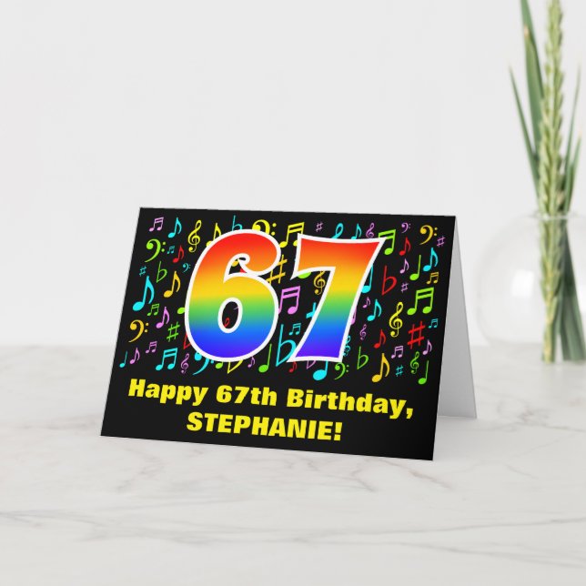 67th Birthday: Colorful Music Symbols & Rainbow 67 Card (Front)
