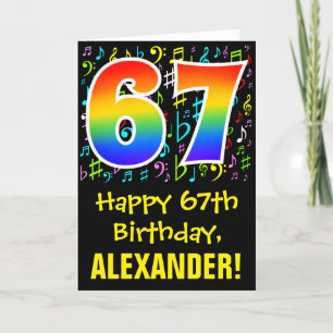67th Birthday: Colorful Music Symbols + Rainbow 67 Card