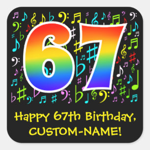 67th Birthday: Colorful Music Symbols, Rainbow 67 Square Sticker