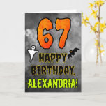 67th Birthday: Eerie Halloween Theme   Custom Name Card<br><div class="desc">The front of this spooky and scary Halloween themed birthday greeting card design features a large number “67”. It also features the message “HAPPY BIRTHDAY, ”, and a personalized name. There are also depictions of a bat and a ghost on the front. The inside features a customized birthday greeting message,...</div>