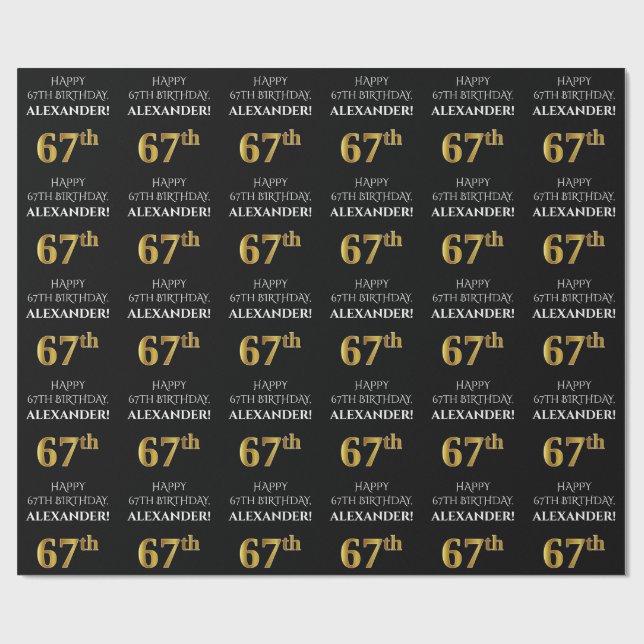 67th Birthday: Elegant, Black, Faux Gold Look Wrapping Paper (Flat)
