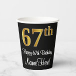 [ Thumbnail: 67th Birthday - Elegant Luxurious Faux Gold Look # Paper Cups ]