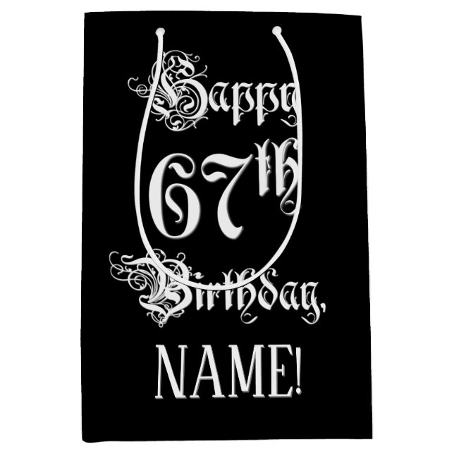 67th Birthday: Fancy, Elegant Script + Custom Name Medium Gift Bag (Front)