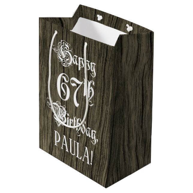 67th Birthday: Fancy, Faux Wood Look + Custom Name Medium Gift Bag (Back Angled)