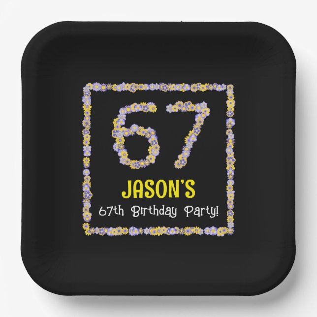 67th Birthday: Floral Flowers Number, Custom Name Paper Plates (Front)