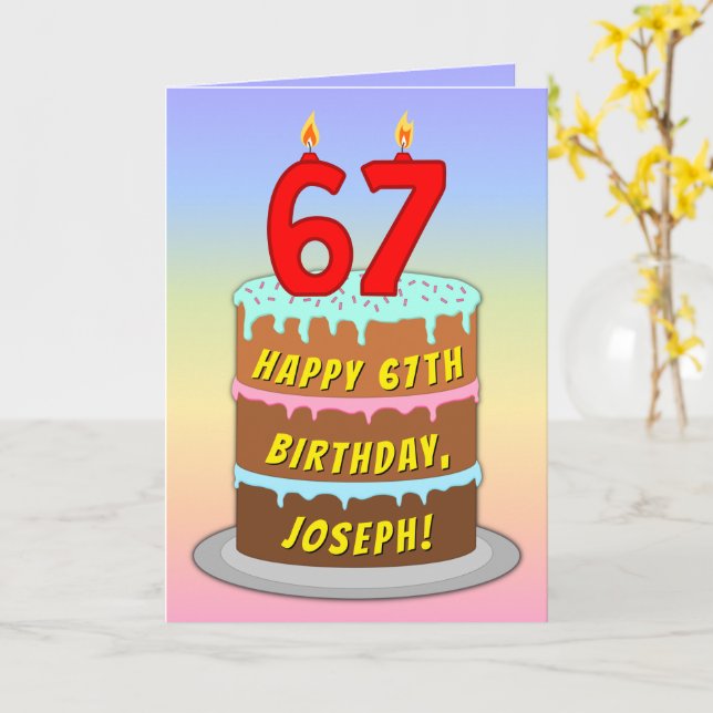 67th Birthday — Fun Cake & Candles, w/ Custom Name Card (Yellow Flower)