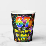 [ Thumbnail: 67th Birthday: Fun Fireworks Pattern + Rainbow 67 Paper Cups ]