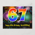 [ Thumbnail: 67th Birthday – Fun Fireworks Pattern + Rainbow 67 Postcard ]