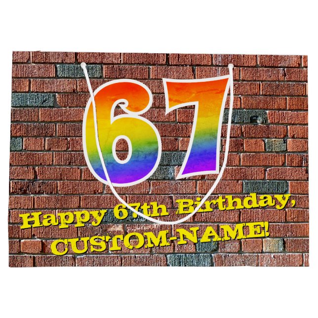67th Birthday: Fun, Graffiti-Inspired Rainbow # 67 Large Gift Bag (Back)