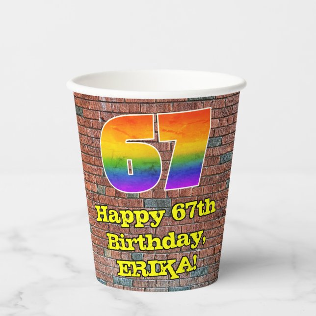 67th Birthday: Fun Graffiti-Inspired Rainbow 67 Paper Cups (Front)