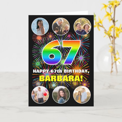 67th Birthday Fun Rainbow  Custom Name  Photos Card