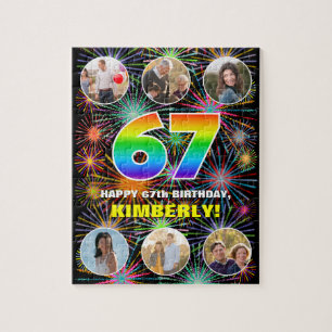 67th Birthday: Fun Rainbow #, Custom Name + Photos Jigsaw Puzzle