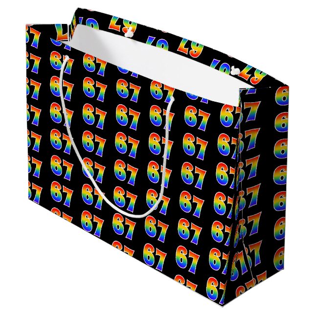 67th Birthday: Fun Rainbow Event Number 67 Pattern Large Gift Bag (Back Angled)