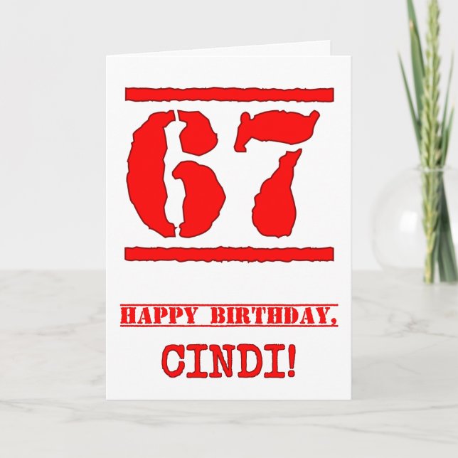 67th Birthday: Fun, Red Rubber Stamp Inspired Look Card (Front)