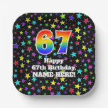 [ Thumbnail: 67th Birthday: Fun Stars Pattern and Rainbow “67” Paper Plates ]