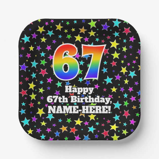 67th Birthday: Fun Stars Pattern and Rainbow “67” Paper Plates (Front)