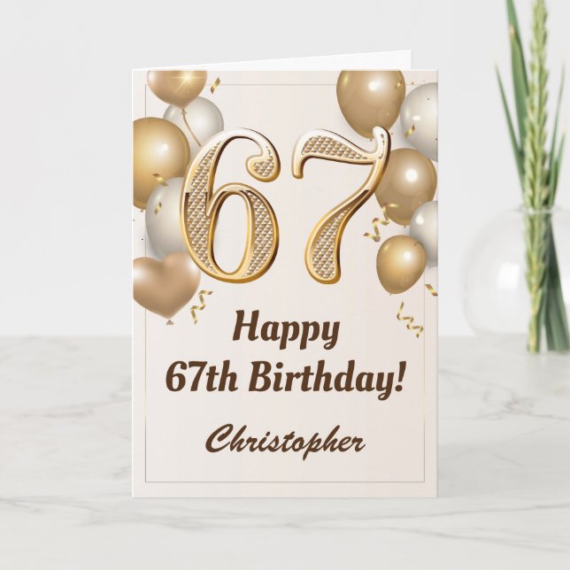 67th Birthday Gold Balloons and Confetti Birthday Card (Front)